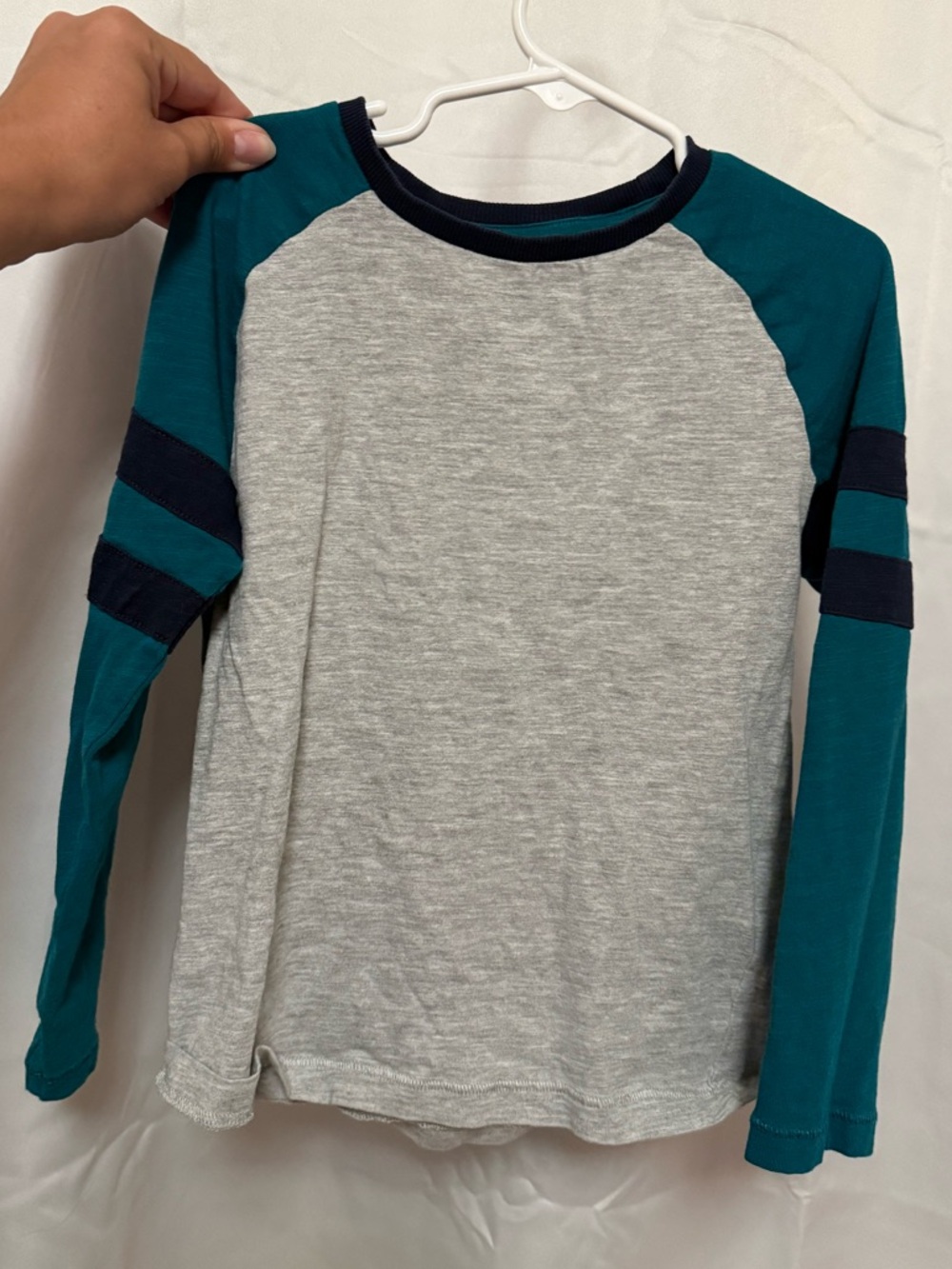 Marks & Spencer Long-Sleeve Raglan Tee in Heather Gray and Teal with Navy Trim
